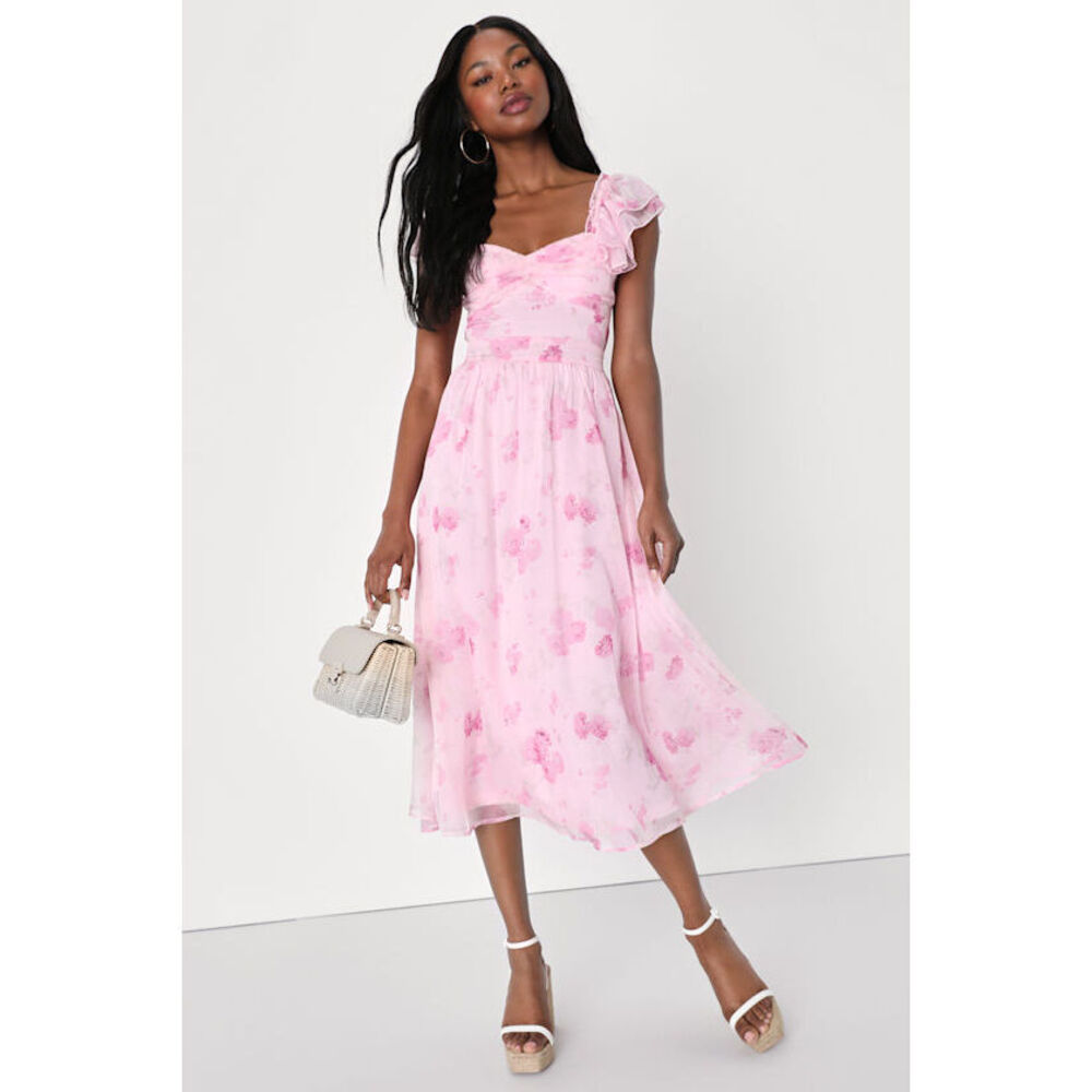 Lulus Loveliest Darling Light Pink Floral Ruffled Tie-back Midi Dress - Size M